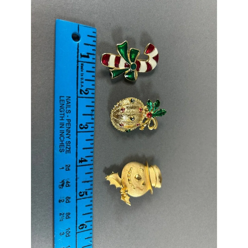 Vintage Christmas Brooch Set Gold Tone Candy Cane Ornament Snowman Enamel Pins